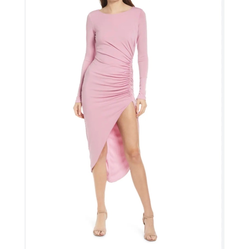 Katie May Ruched Side Slit Midi Dress Womens XL Pink NEW Long Sleeve Boat Neck